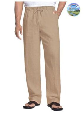 Men's Linen Drawstring Pants Lightweight Straight Leg Casual Summer Beach Pants